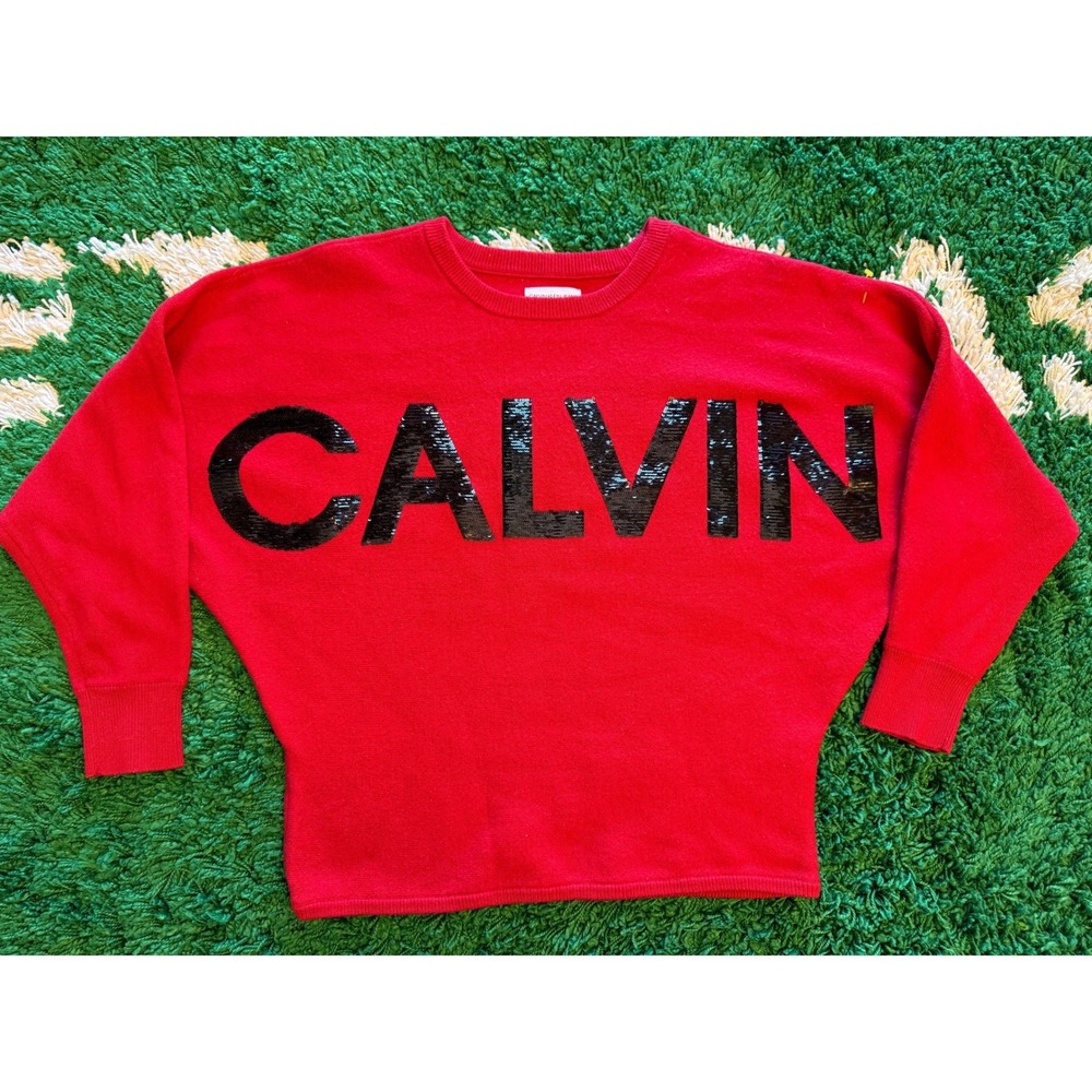 Calvin Klein Jeans Sweater Womens S Red Excellent Sequin Logo Batwing Knit